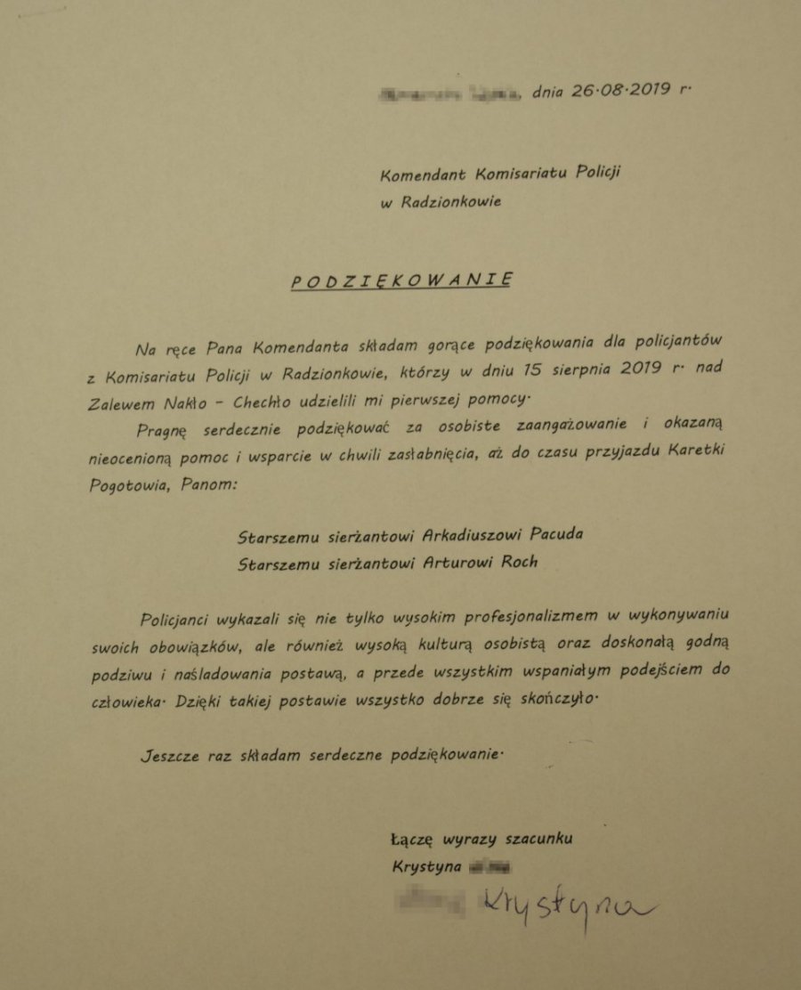 Zdjęcie przedstawia list przesłany do KP w Radzionkowie