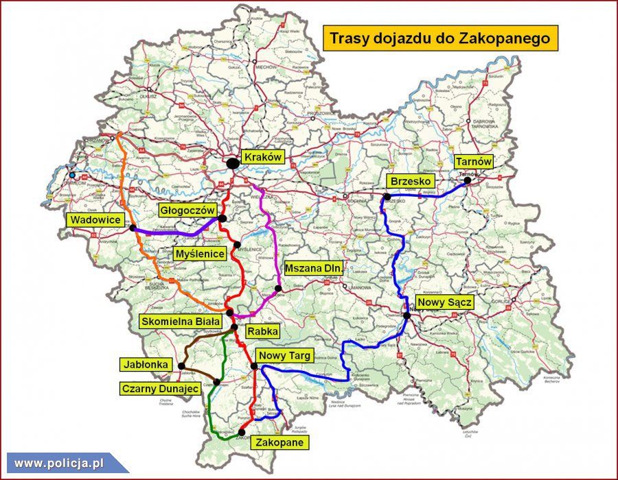 Mapa Polski z zaznaczonymi trasami dojazdu do Zakopanego