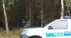 radiowóz i policjant w lesie