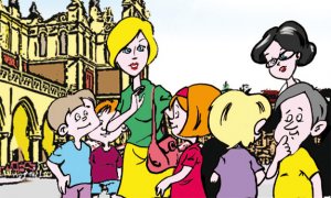 Dzieci z opiekunami na tle krakowskich sukiennic - fragment komiksu