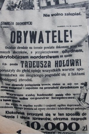 fragment ogłoszenia na temat zabójstwa posła Hołówko i nagrody wyznaczonej za wskazanie osób odpowiedzialnych za tę zbrodnię
