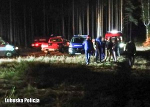 policjanci i strażacy podczas nocnej akcji poszukiwawczej w lesie