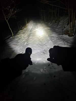 Droga w lesie. Dużo śniegu. Policjant świeci na drogę latarką