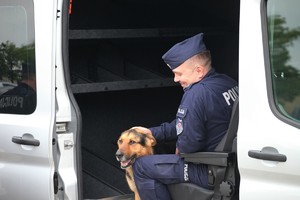Uśmiechnięty policjant siedzi w samochodzie dostawczym ze swoim psem służbiowym.
