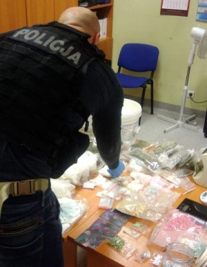 Policjant przeprowadza oględziny zabezpieczonych narkotyków