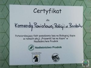 certyfikat dla KPP Prudnik za udział w akcji sadzenia drzewek