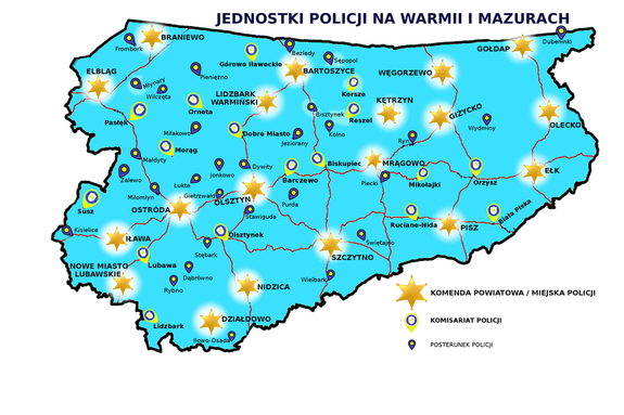 mapa województwa warmińsko-mazurskiego z zaznaczonymi jednostkami policji