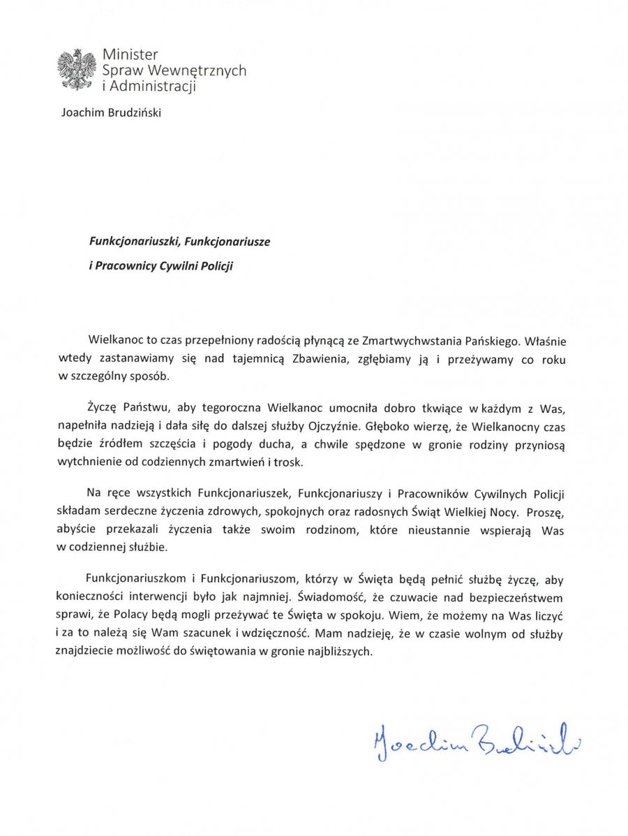list ministra Joachima Brudzińskiego