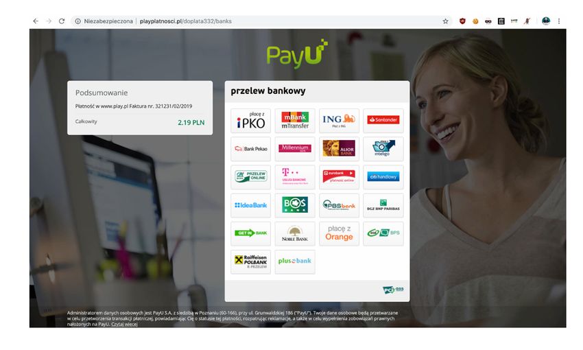 Fałszywa strona internetowa PayU oferująca szybkie przelewy