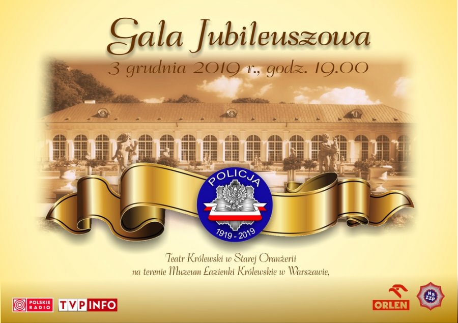 plakat informujący o gali jubileuszowej 3 grudnia 2019 r., godzina 19.00, w tle budynek Oranżerii