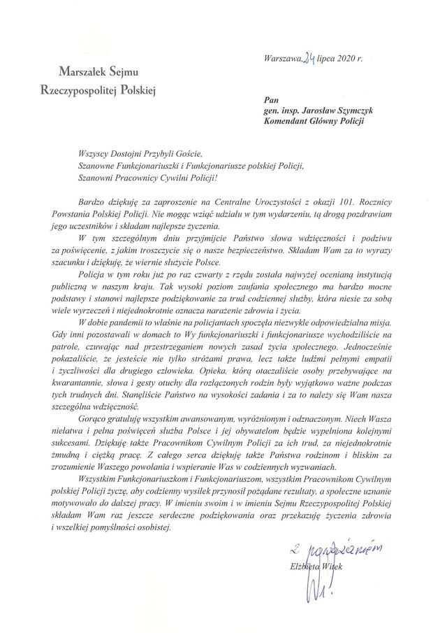 list Marszałek Sejmu z okazji Święta Policji