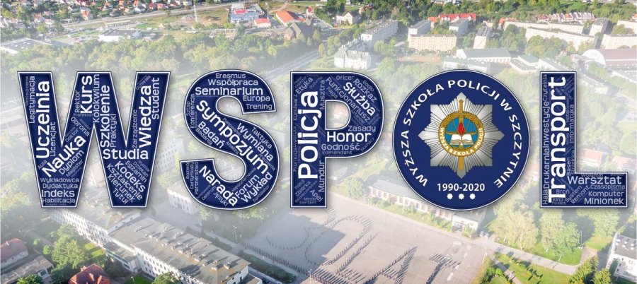 grafika przedstawia napis WSPOL, w tle teren Wyższej Szkoły Policji w Szczytnie widziany z lotu ptaka