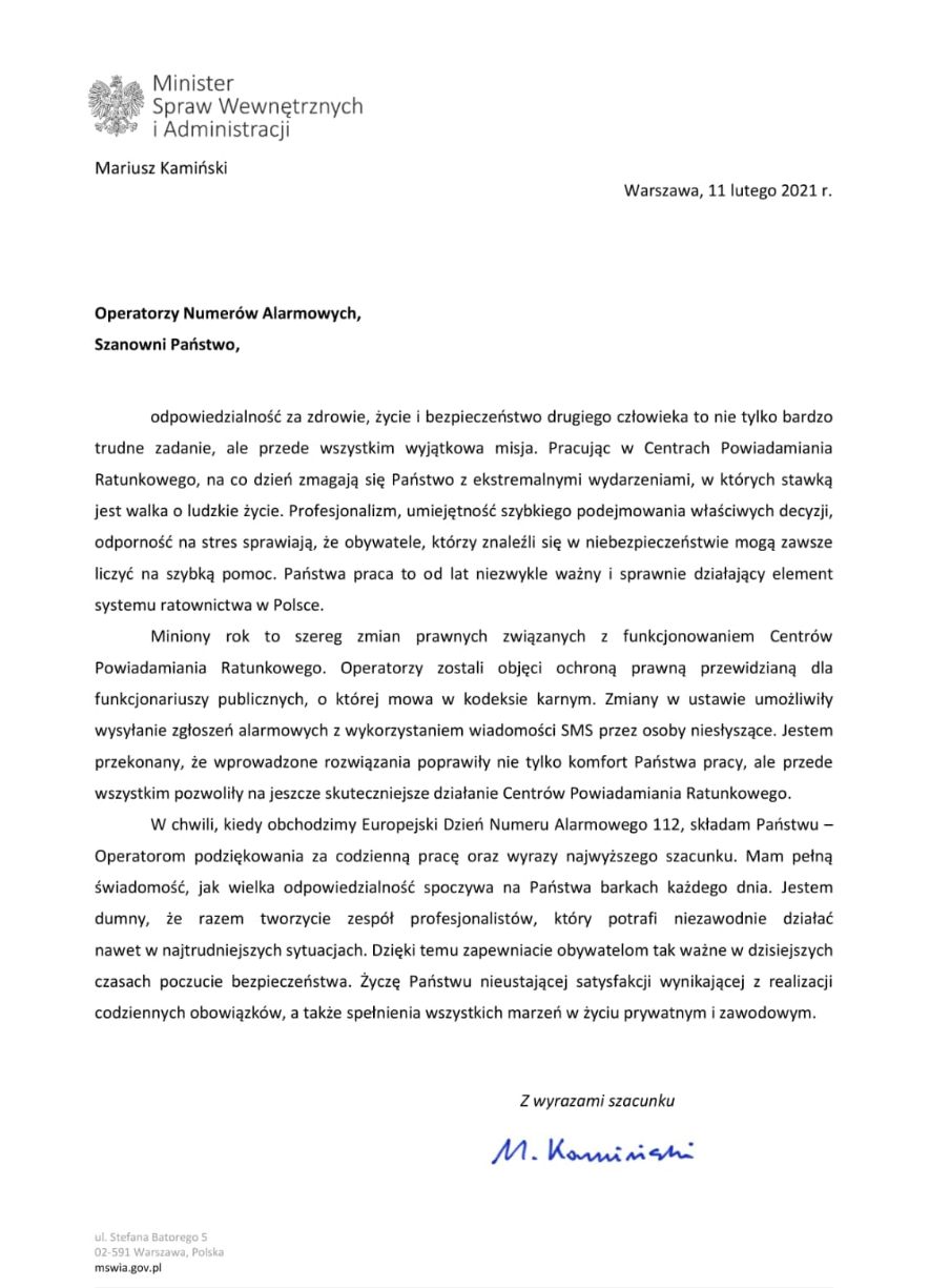 List ministra Mariusza Kamińskiego do Operatorów Numerów Alarmowych z okazji Europejskiego Dnia Numeru Alarmowego 112 - wersja cyfrowa dostepna pod zdjęciem