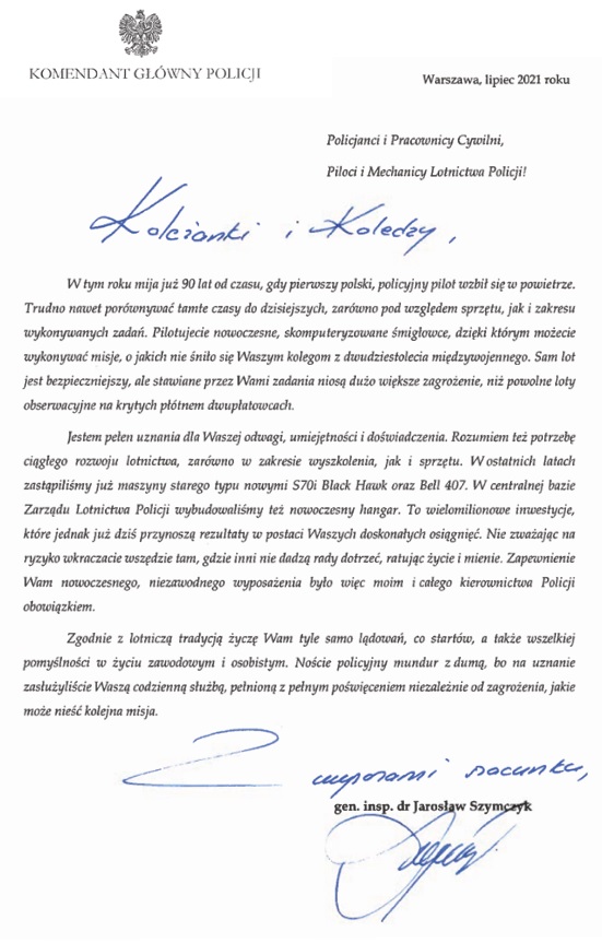 Skan list z życzeniami Komendanta Głównego Policji z okazji 90-lecia Lotnictwa Policji.