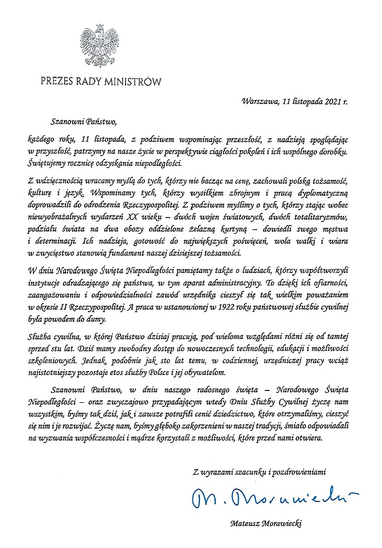 List Prezesa Rady Ministrów z okazji Dnia Służby Cywilnej, wersja dostępna w załączniku