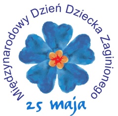Symbol niezapominajki i napis wokół: 25 maja Międzynarodowy Dzień Dziecka Zaginionego