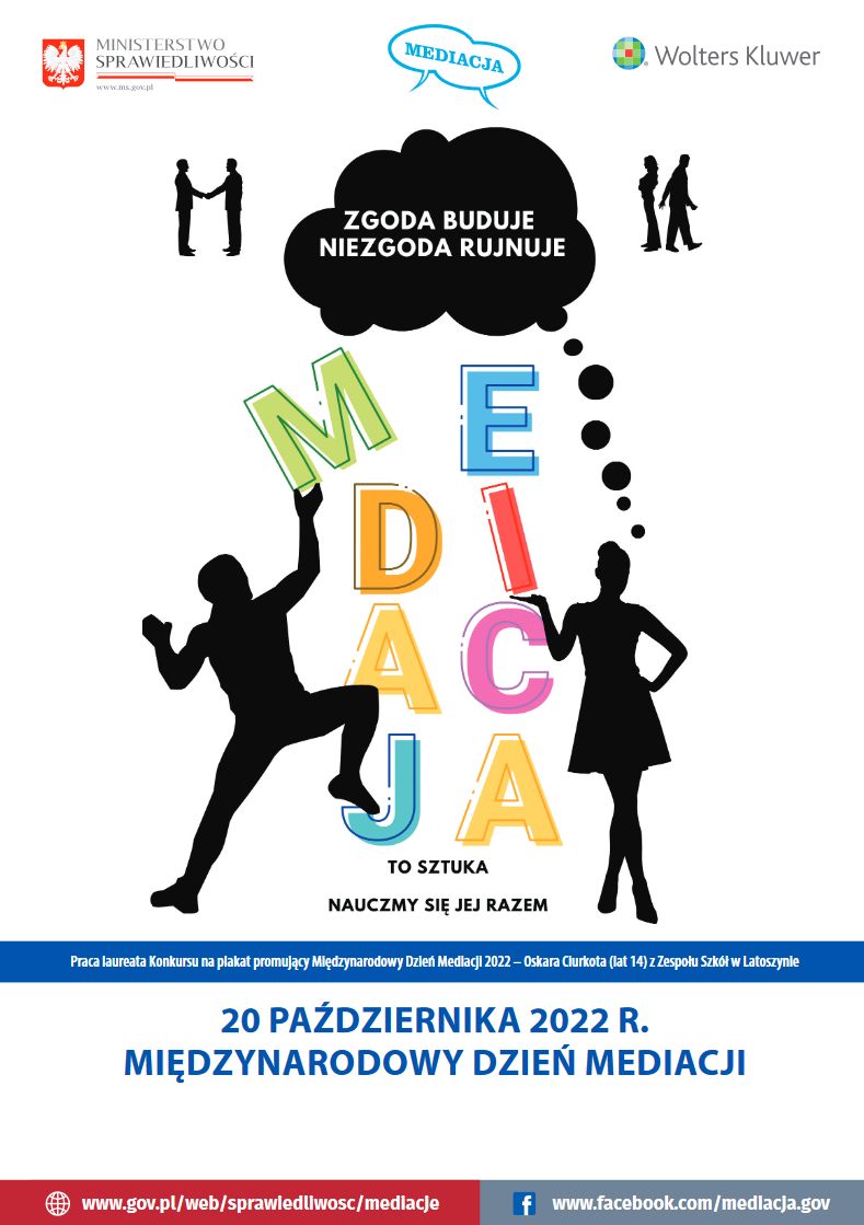 Praca laureata konkursu na plakat promujący Miedzynarodowy Dzień Mediacji 2022 - Oskara Clurkota (lat 14) z Zespołu Szkół w Latoszynie 