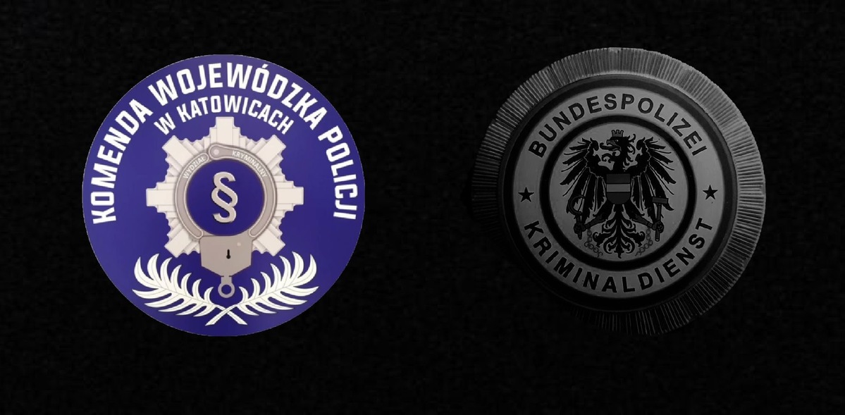 zdjęcie przedstawia logo Wydziału Kryminalnego Komendy Wojewódzkiej Policji w Katowicach oraz logo austriackich policjantów