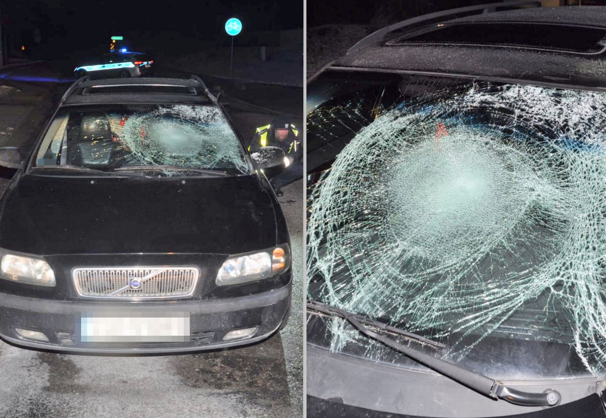  kolaż dwóch zdjęć, na którym widać zniszczone auto osobowe