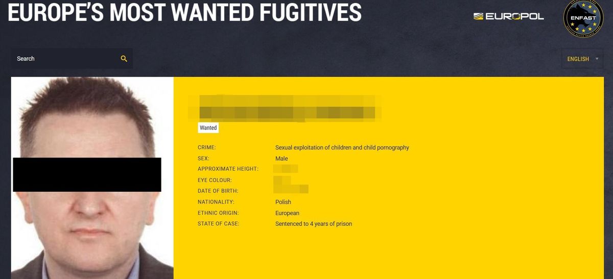 Publikacja za poszukiwanym na stronie Europe’s Most Wanted Fugitive List