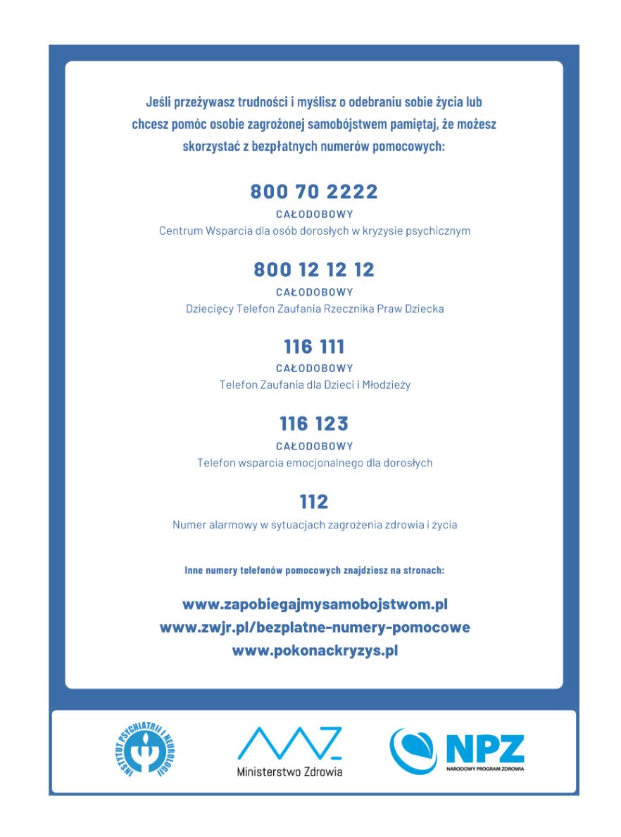 plakat  z numerami pomocowymi instytucji do których można dzwonić w sytuacji kryzysowej