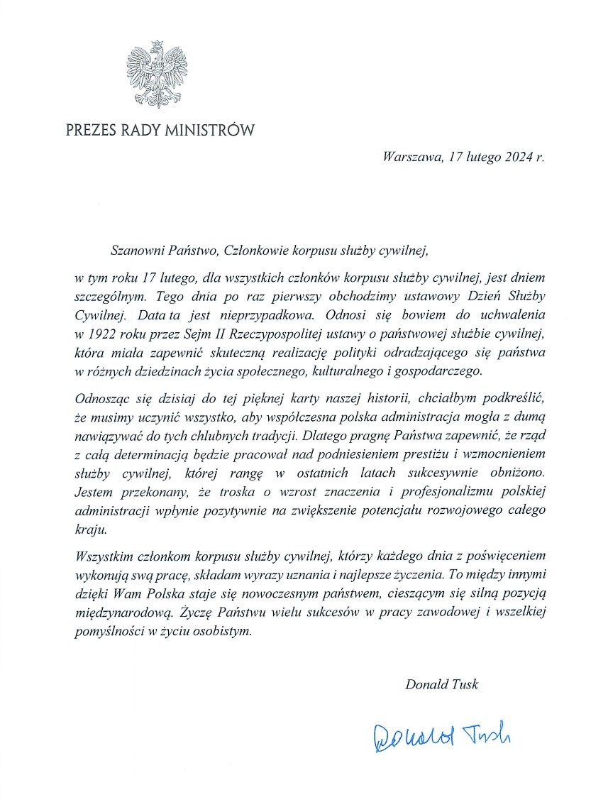 List Prezesa Rady Ministrów Donalda Tuska - Dzień Służby Cywilnej