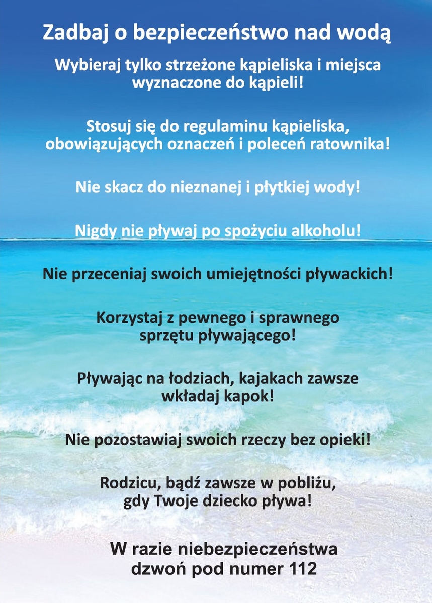 ulotka informacyja dotycząca bezpieczeństwa nad wodą, treść zawarta w tekśćie