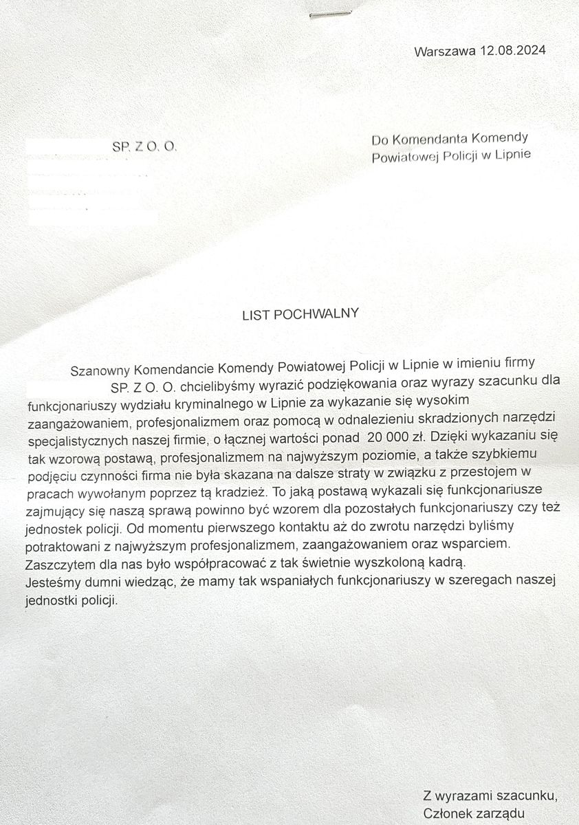 zdjęcie listu z podziękowaniami dla policjantów