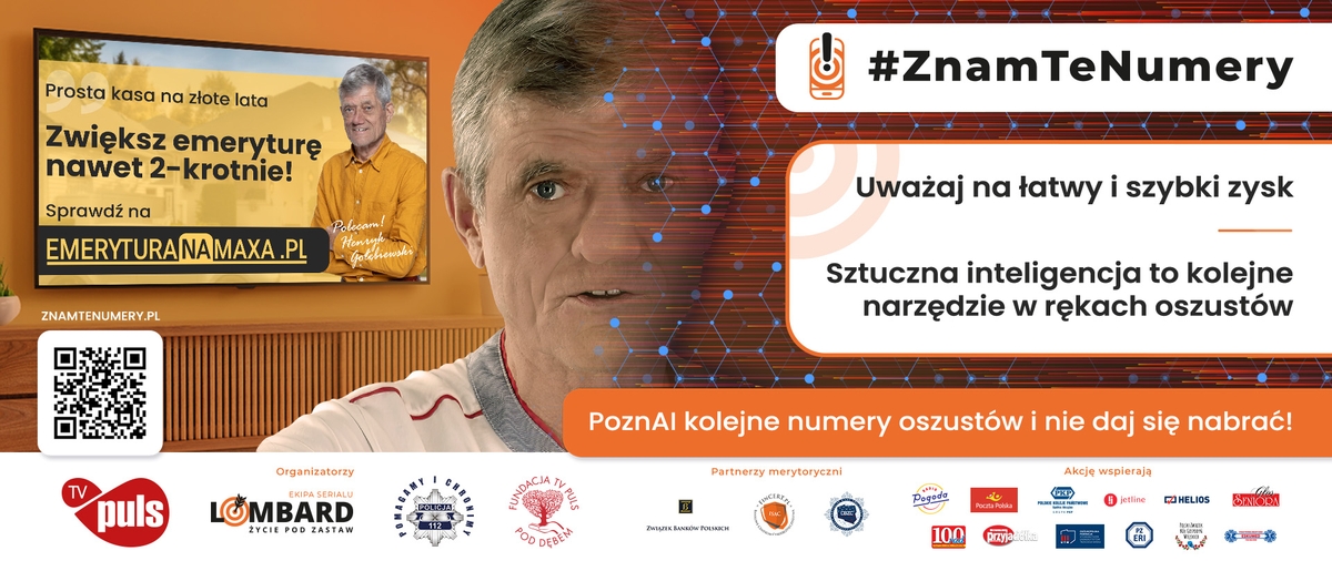 Infografika kampanii #ZnamTeNumery. Uważaj na łatwy zysk. Sztuczna inteligencja to kolejne narzędzie w rękach oszustów. PoznAI kolejne numery oszustów i nie daj się nabrać. W tle twarz mężczyzny.