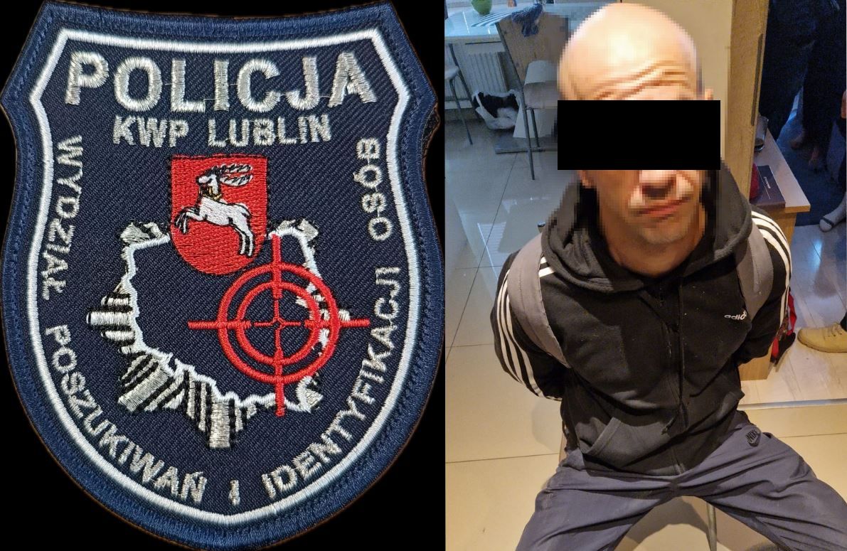 Kolaż zdjęć. Po lewej stronie widoczna naszywka z napisem: Policja KWP Lublin Wydział Poszukiwań i Identyfikacji Osób. a po prawej stronie zdjęcie zatrzymanego mężczyzny, który siedzi na krześle i ma zasłonięte oczy paskiem.