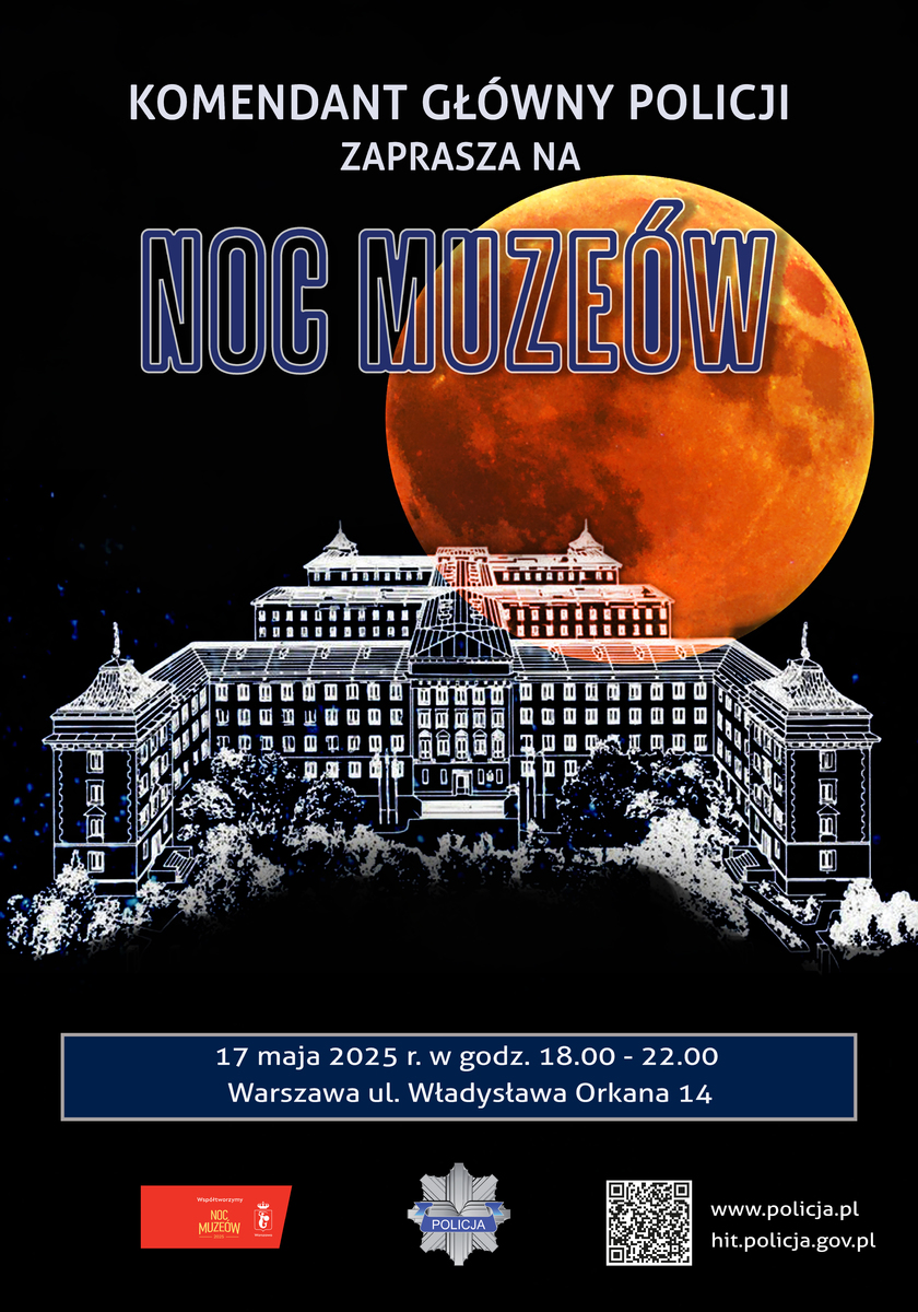 Plakat promujący Noc Muzeów 2025 w Komendzie Głownej Policji.