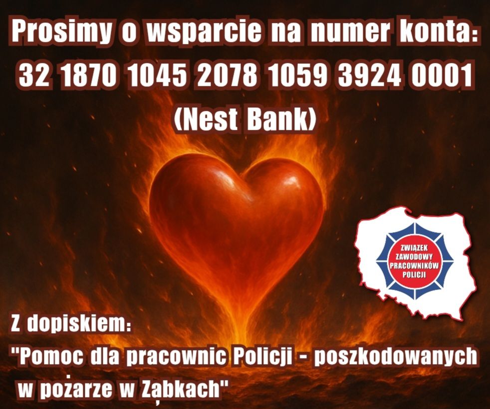 Grafika z apelem o pomoc dla poszkodowanych w pożarze. Treść zawarta w komunikacie.