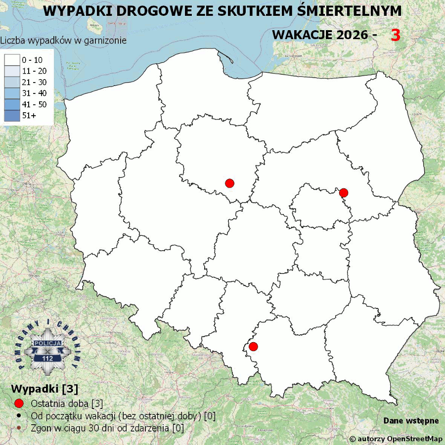 Mapa prezentująca liczbę wypadków poprzedniej doby w Polsce. Prezentowane dane są dostępne w tekście poniżej.