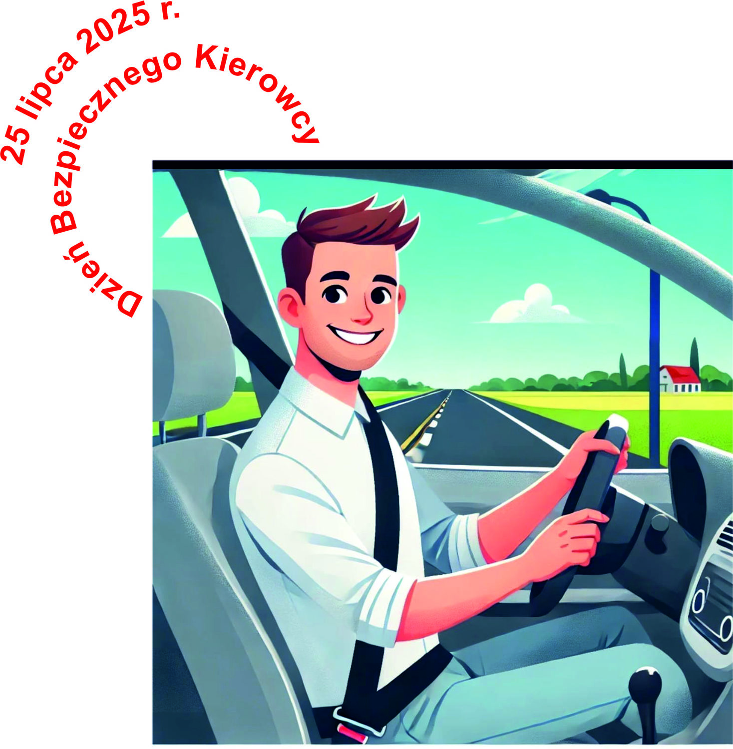 Grafiak przedstawia uśmiechniętego mężczyznę za kierownicą samochodu. W lewym górnym rogu napis 25 lipca 2025 r. Dzień Bezpiecznego Kierowcy.