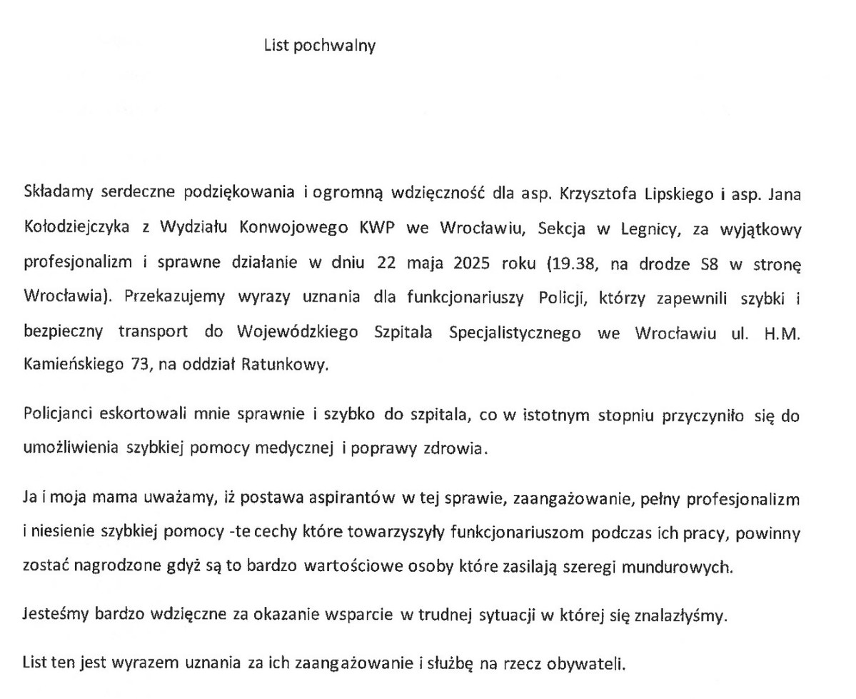 Zdjęcie listu z podziekowaniami.