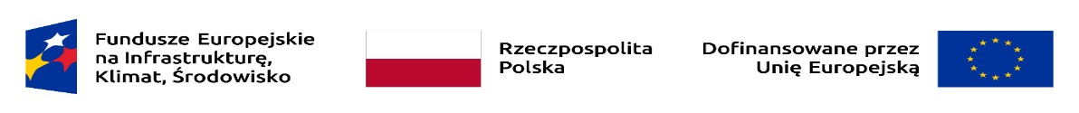 Banner z logami: Fundusze Europejskie na infrastrukturę, kliomat, środowisko: Flaga Polski, Flaga Unii Europejskiej i napis dofinansowane przez Unię Europejską.