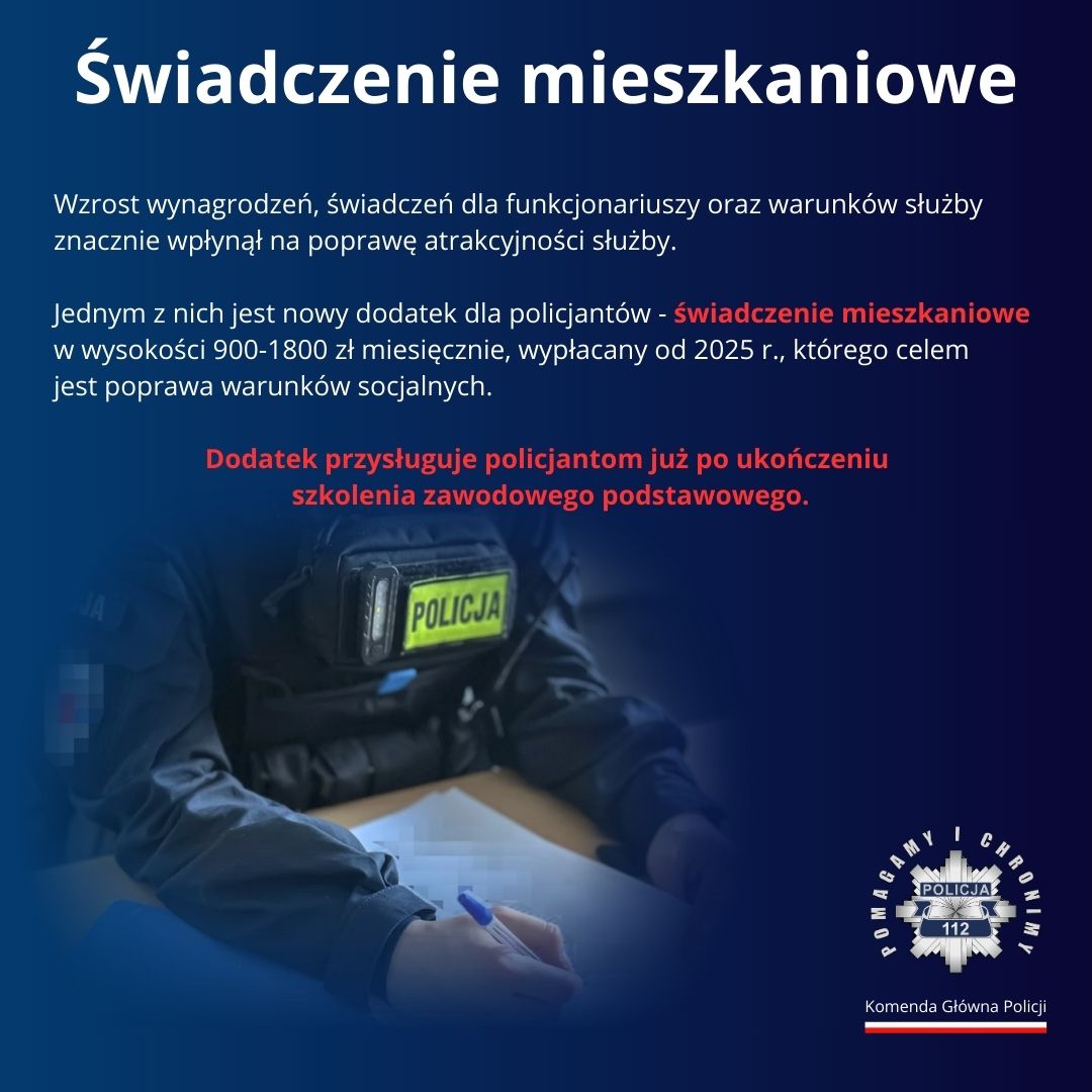 Grafika przedstawia informacje dotyczące świadczeń dla policjantów. Informace zawarte na grafice znajdują się w tekście.