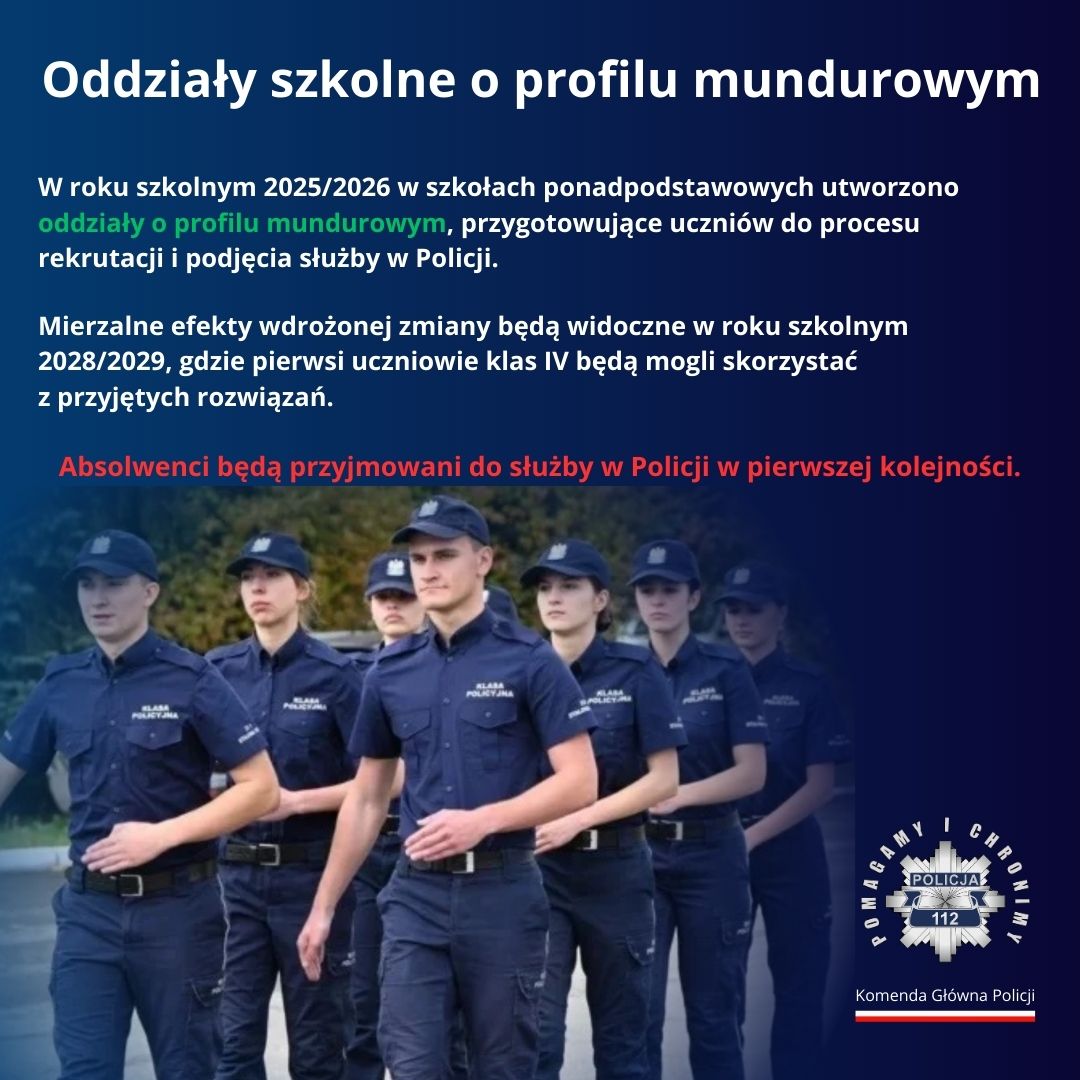 Grafika przedstawia informacje dotyczące klas o profilu mundurowym. Informace zawarte na grafice znajdują się w tekście.
