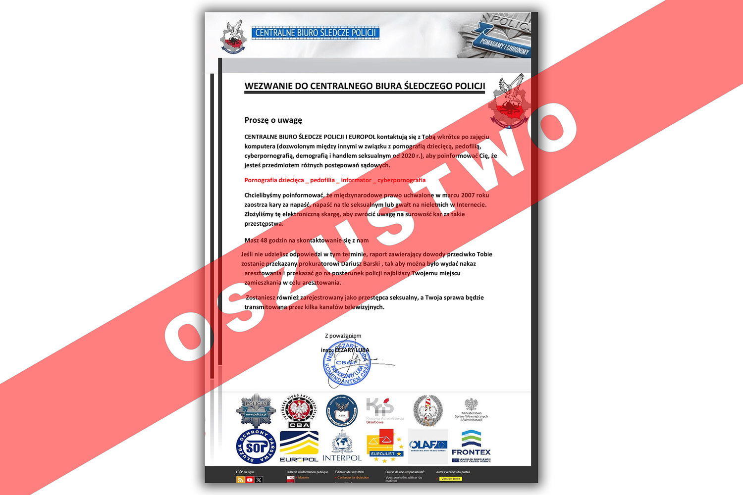 Przykładowy e-mail wysyłany przez oszustów.