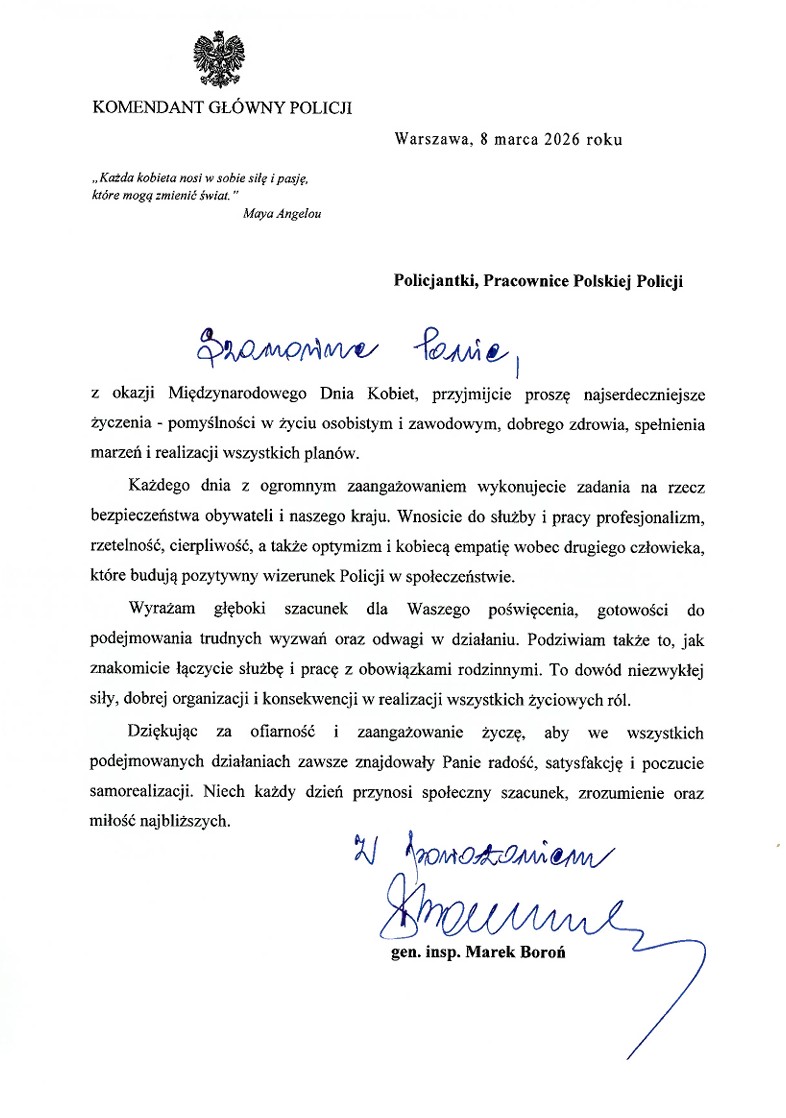 Życzenia Komendanta Głównego Policji z okazji Dnia Kobiet.