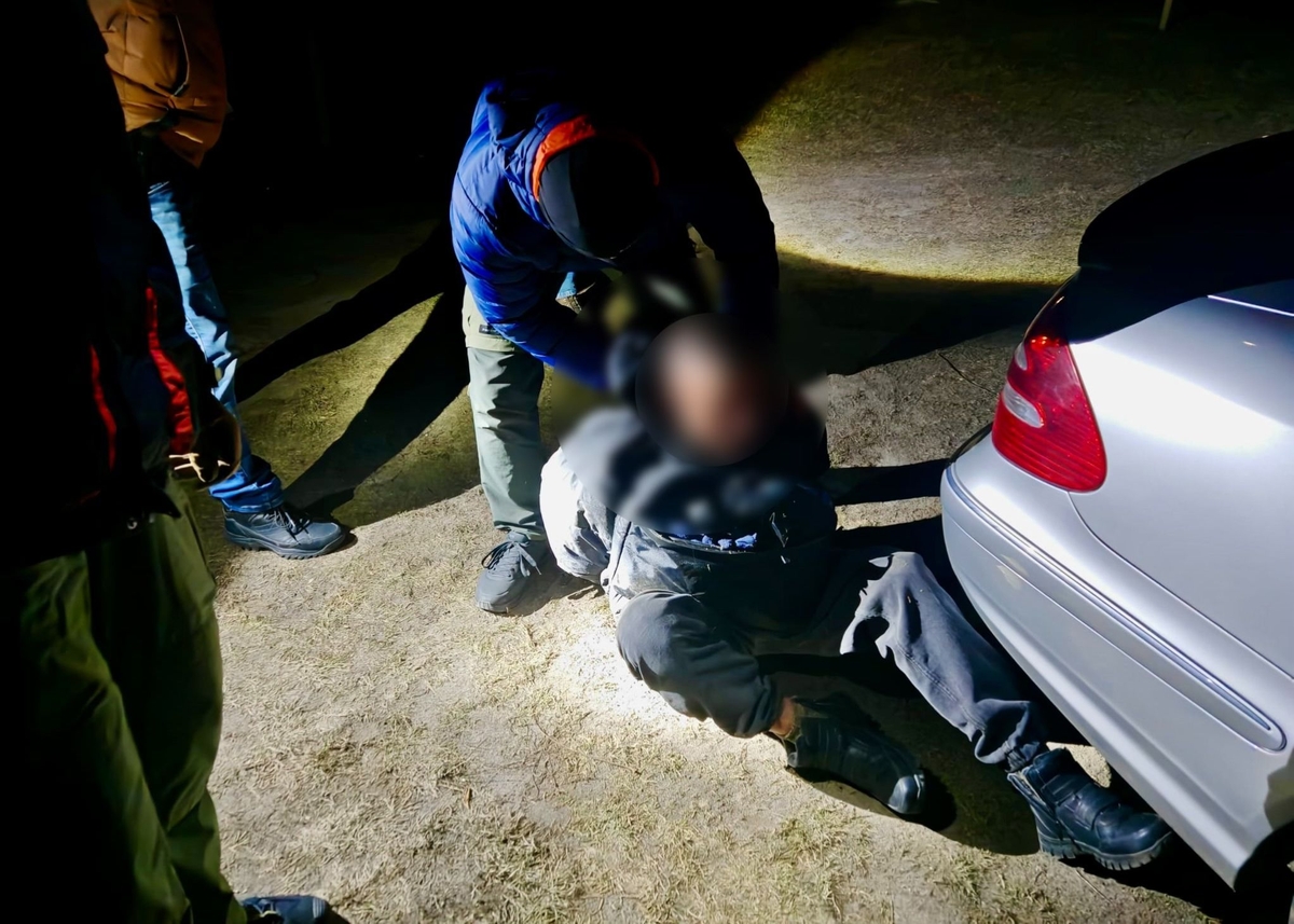 Zatrzymany siedzi na ziemi obok samochodu, policjant zakłada mu kajdanki na ręce trzymane z tyłu.