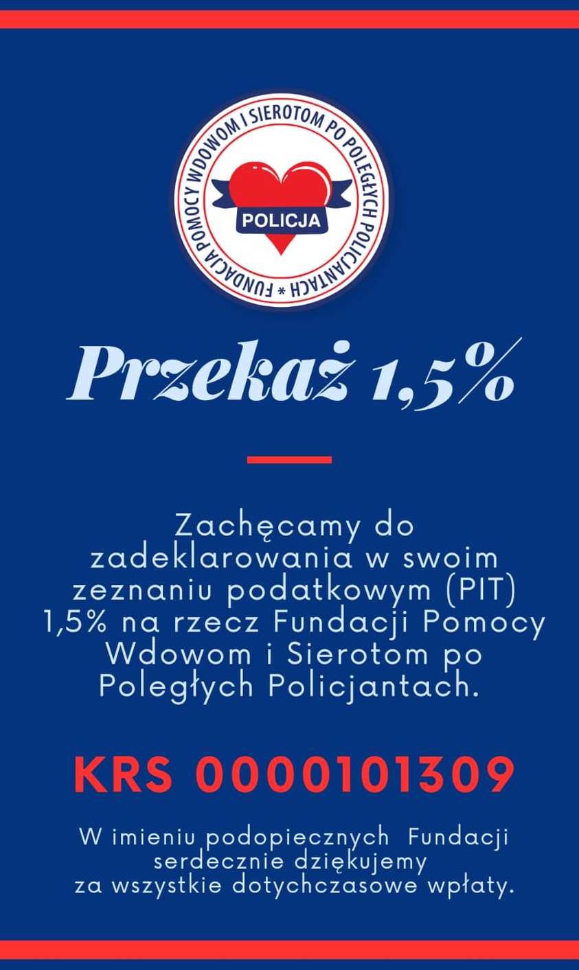 Grafika z logo Fundacji Pomocy Wdowom i Sierotom po Poległych Policjantach i napis: Przekaż 1,5 %