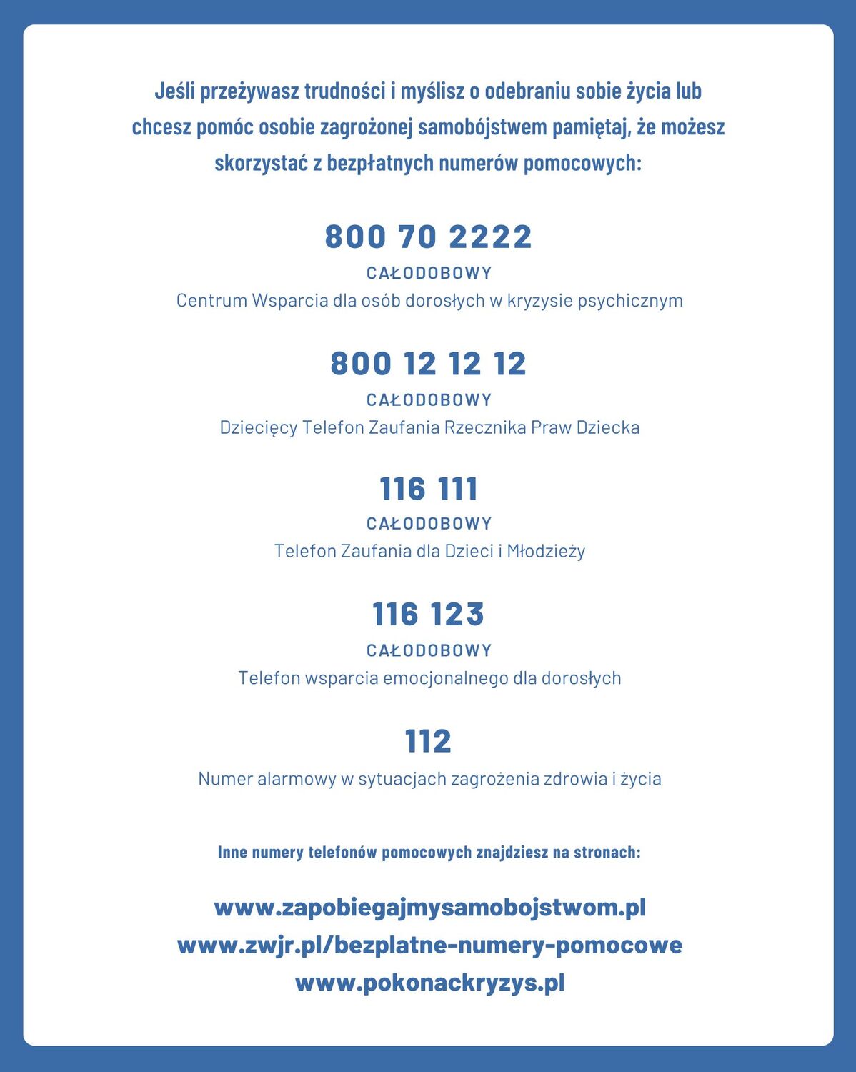 Ramka pomocowa z telefonami do instytucji pomocowych, której deskrypcja znajduje się pod tekstem.