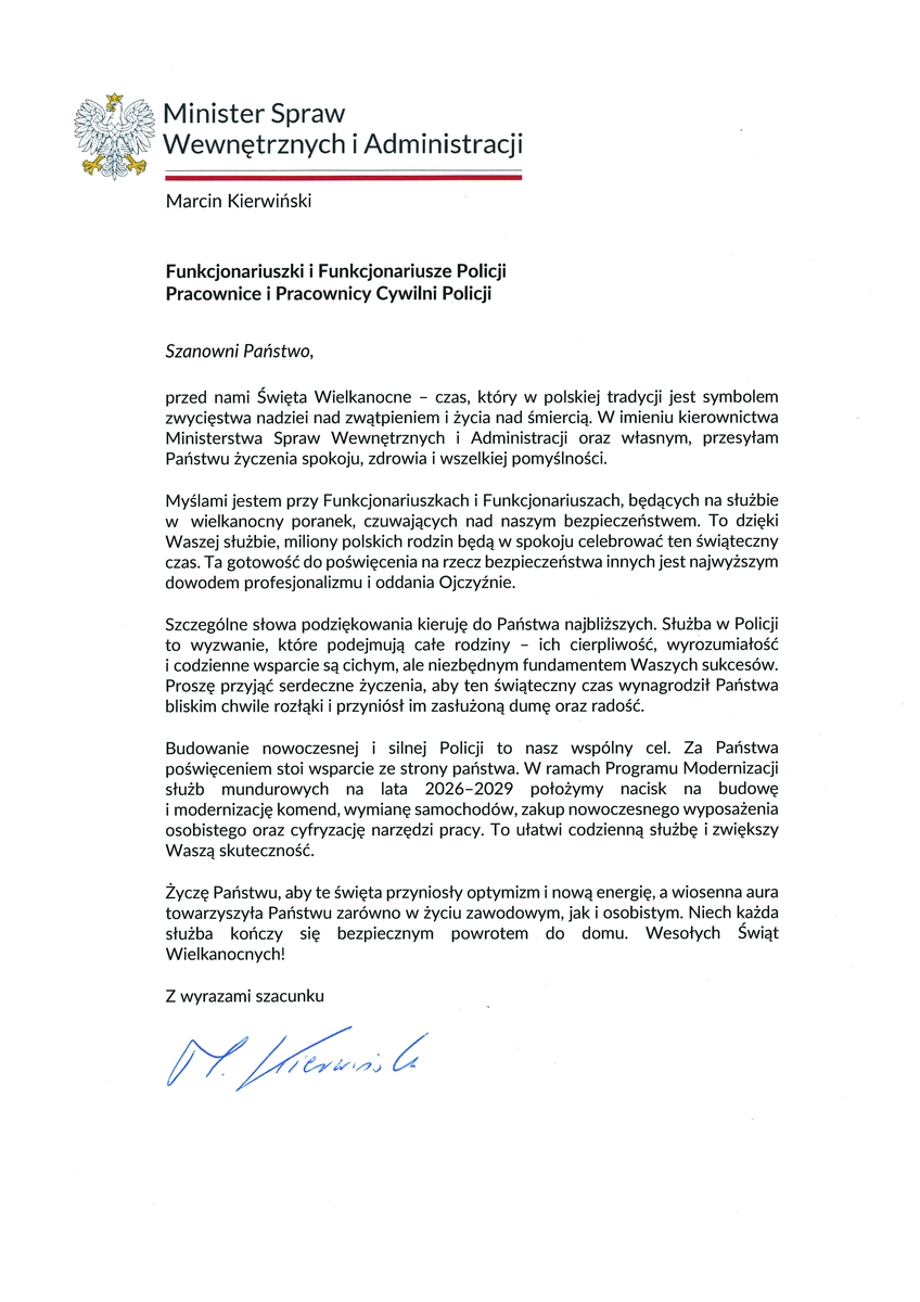 Życzenia ministra spraw wewnętrznych i administracji z okazji Świąt Wielkanocnych.