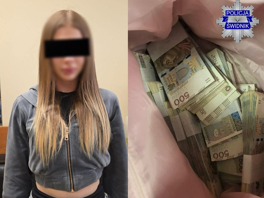 Kolaż dwoch zdjęć: zatrzymana kobieta i pliki pieniędzyw reklamówce.