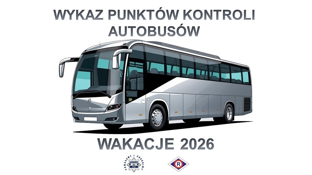 Grafika z napisem Wykaz Punktów Kontroli autobusów i autobus.