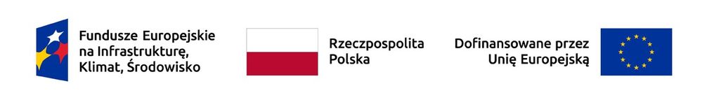 Obraz przedstawia logo programu: odwrócony pod kątem 90 stopni ciemnoniebieski stożek, w który wpisane zostały trzy gwiazdy układające się w trójkąt - żółta, biała i czerwona.   Obok logotypu widnieje napis w trzech wersach: Fundusze Europejskie na Infrastrukturę, Klimat i Środowisko. Obok napisu znajduje się flaga Rzeczpospolitej Polski, obok której umieszczony został napis: Rzeczpospolita Polska. Obok napisu znajduje się napis: Dofinansowane przez Unię Europejską a obok flaga Unii Europejskiej.