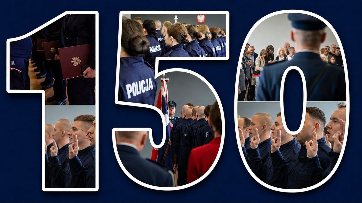 Napis 150 a w nim zdjęcia ze ślubowania nowo przyjętych policjantów.