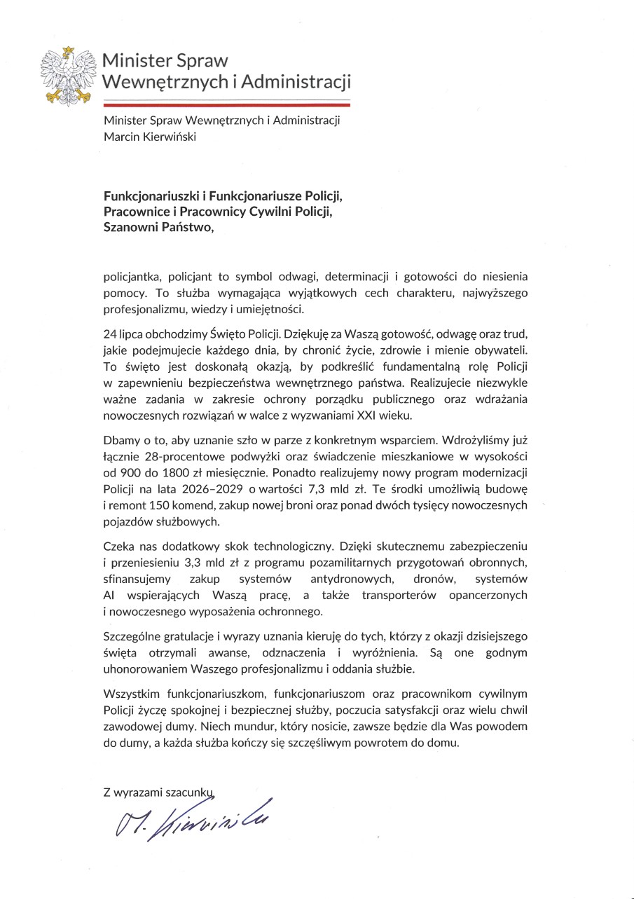 Życzenia Ministra Spraw Wewnętrznych i Administracji z okazji Święta Policji.