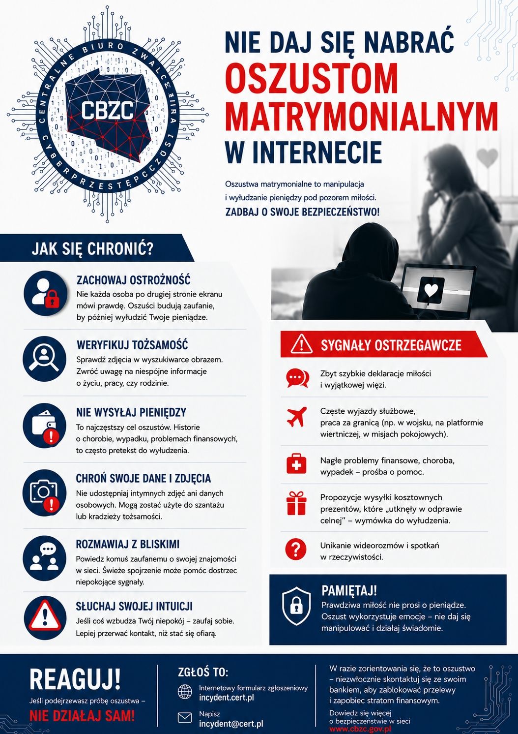 Plakat z logo CBZC i napisem: Nie daj się nabrać oszustom matrymonialnym w Internecie. Zadbaj o swoje bezpieczeństwo! Treści profilktyczne zawarte na plakacie znajdują się w tekście